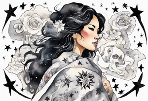 a watercolor of a beautiful 40-year-old latina woman wearing black and white cloak surrounded by the stars tattoo idea