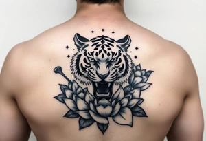 fierce tiger emerging through blooming lotus flowers in mist tattoo idea