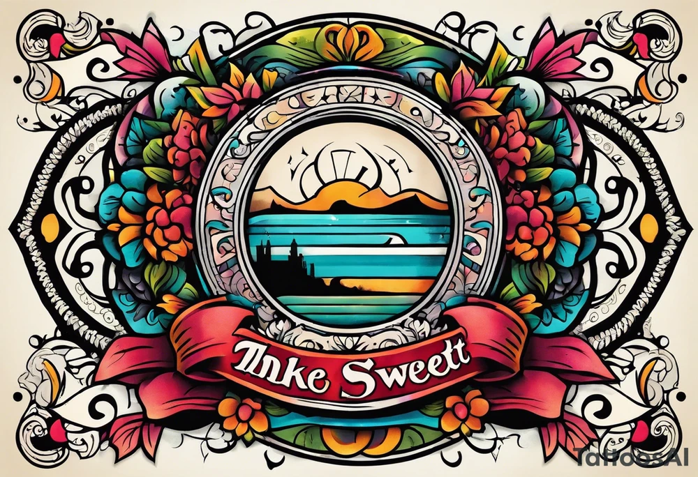 bold, colorful, simple, includes the words "The Sweet Ink", in a circle design tattoo idea