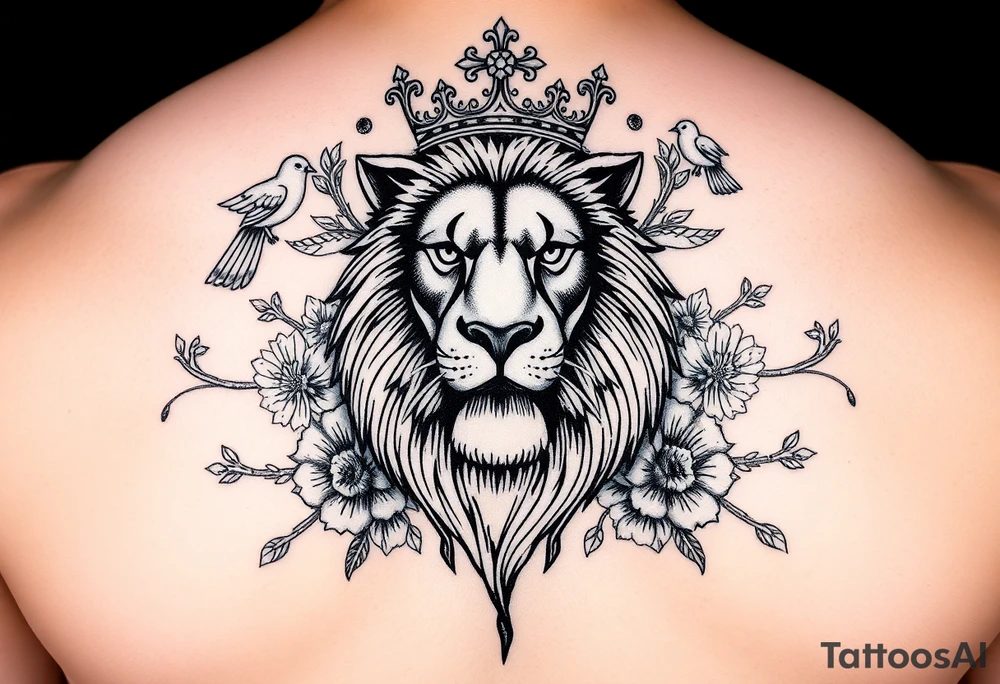 powerful majestic lion with a crown, surrounded by floral ornaments and birds tattoo idea