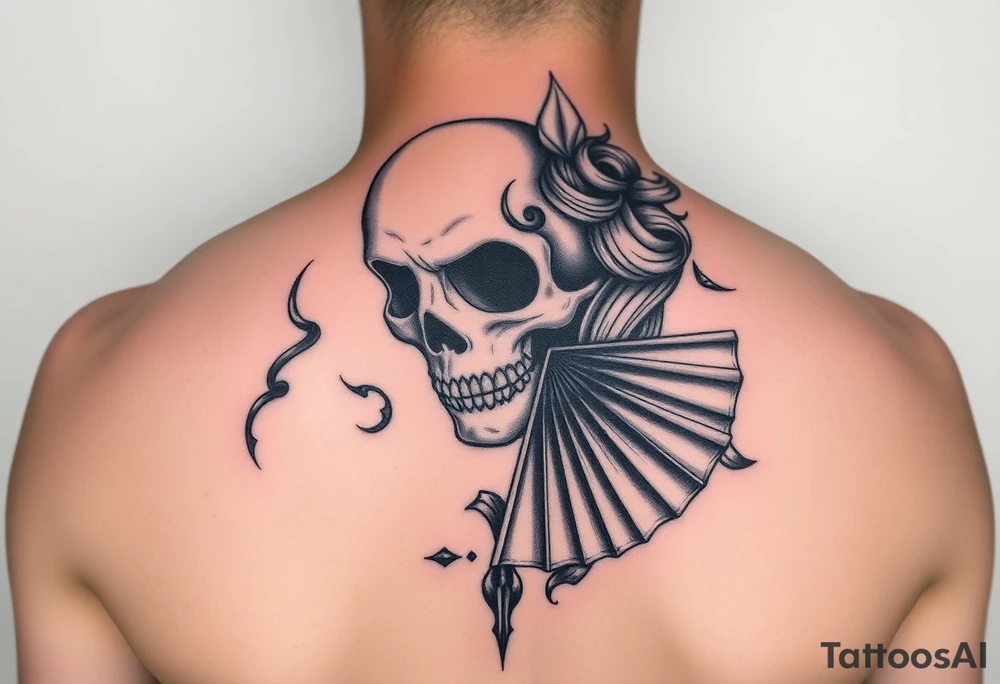Samaria beauty  girl half face and half skeleton with a fan across her face tattoo idea