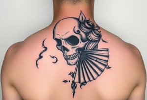 Samaria beauty  girl half face and half skeleton with a fan across her face tattoo idea