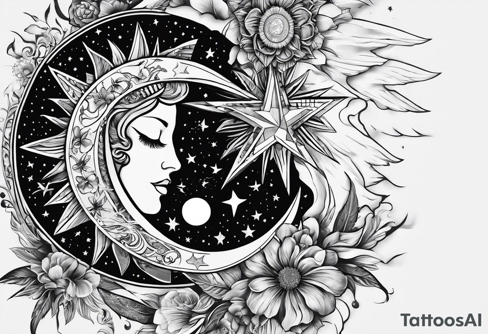 Collage for full left arm sleeve with:
a sun with a quarter moon,
2 stars
bass guitar,
caduceus symbol tattoo idea