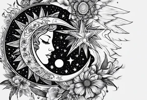 Collage for full left arm sleeve with:
a sun with a quarter moon, 
2 stars
bass guitar, 
caduceus symbol tattoo idea