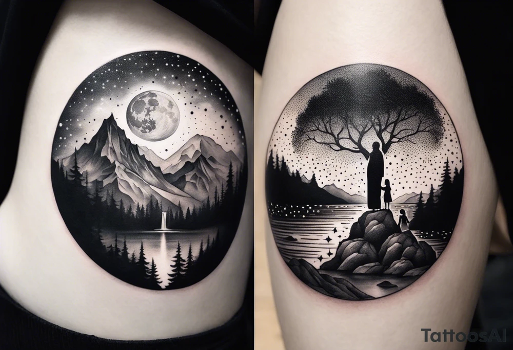 a family of three sitting in a nature with mountains, waterfall, water, and a cross in the background and and moon in the sky with stars tattoo idea