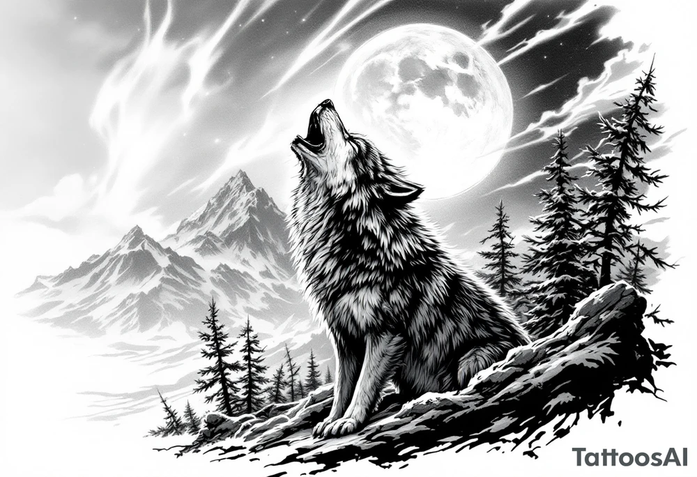 lone wolf howling at full moon with northern lights backdrop tattoo idea lone wolf howling at full moon with northern lights backdrop tattoo idea