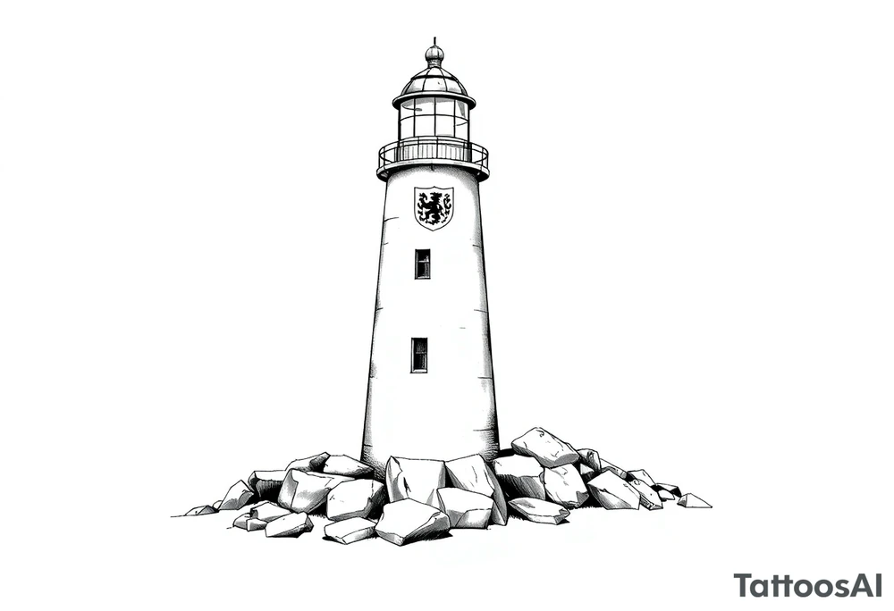 a whole lighthouse with a coat of arms incorporated into the roof without stones on the ground tattoo idea