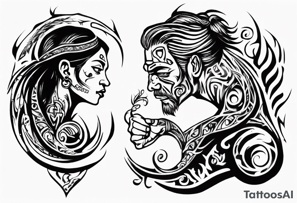 tribal tattoo of a story talking about a  father loving his son and wife making sure they are safe from the world and all the evil tattoo idea