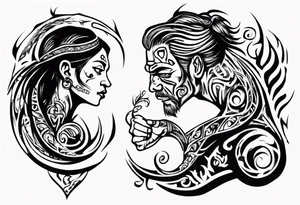 tribal tattoo of a story talking about a  father loving his son and wife making sure they are safe from the world and all the evil tattoo idea