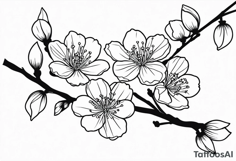 Cherry blossom flowers and branches no color, 3 inches, detailed, dark lines tattoo idea