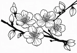 Cherry blossom flowers and branches no color, 3 inches, detailed, dark lines tattoo idea