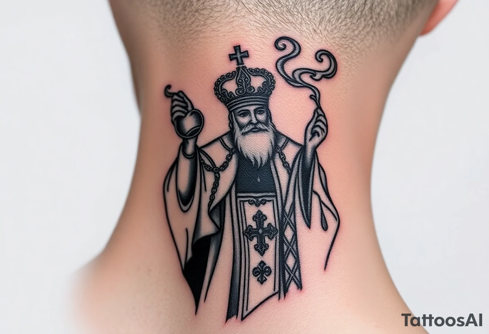 Russian Orthodox Priest in a fully detailed gold vestment swinging a censer with smoke curling upward tattoo idea