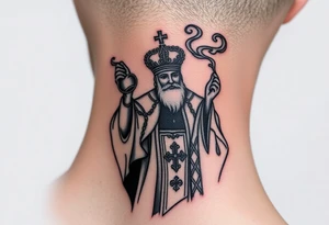 Russian Orthodox Priest in a fully detailed gold vestment swinging a censer with smoke curling upward tattoo idea