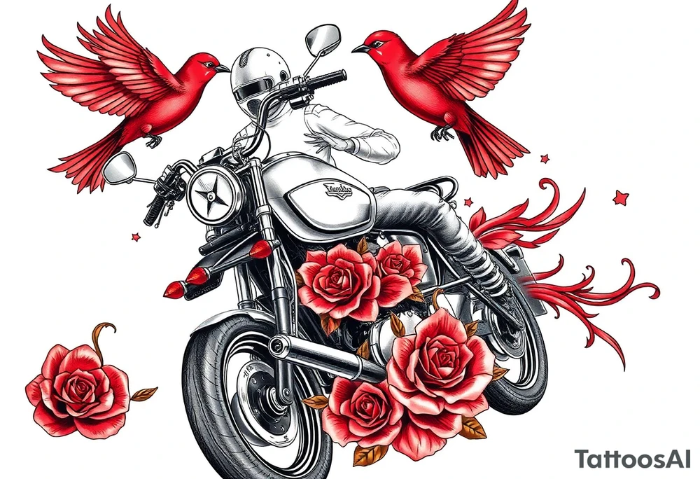 Motorcycle driving away, two red birds flying, roses and lace, flames tattoo idea