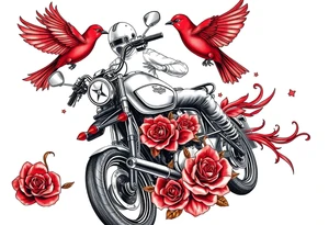 Motorcycle driving away, two red birds flying, roses and lace, flames tattoo idea