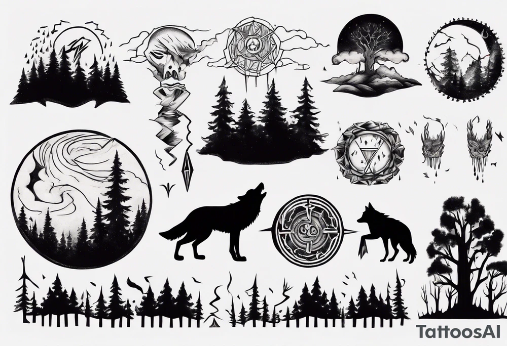 a thunder and lightning storm over a forest with a distant wolf howling and a drum circle tattoo idea