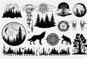 a thunder and lightning storm over a forest with a distant wolf howling and a drum circle tattoo idea