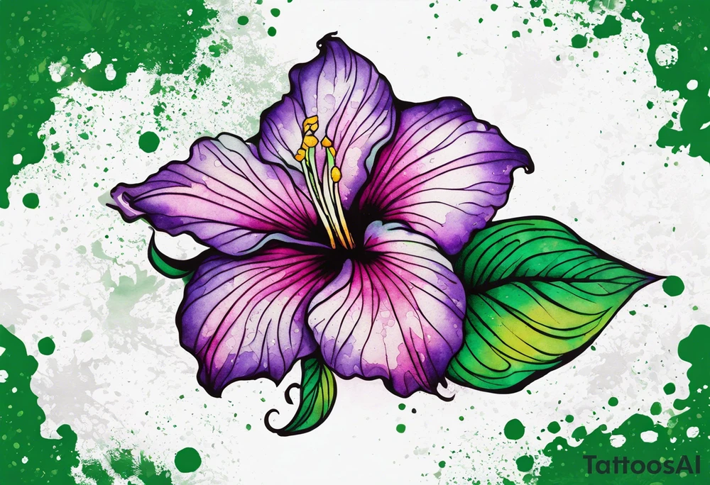 A mystical outline of a dipladenia flower and a green/purple watercolor splatter in the background to make the flower mainly green with purple highlights tattoo idea