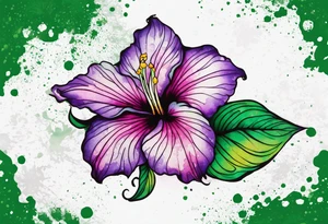 A mystical outline of a dipladenia flower and a green/purple watercolor splatter in the background to make the flower mainly green with purple highlights tattoo idea