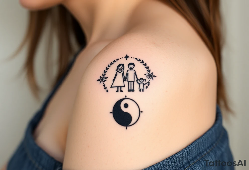 Magestic symbol of mom and dad with 3 kids surrounded by geometric patterns, Gemini sign, and ying yang tattoo idea