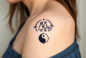 Magestic symbol of mom and dad with 3 kids surrounded by geometric patterns, Gemini sign, and ying yang tattoo idea