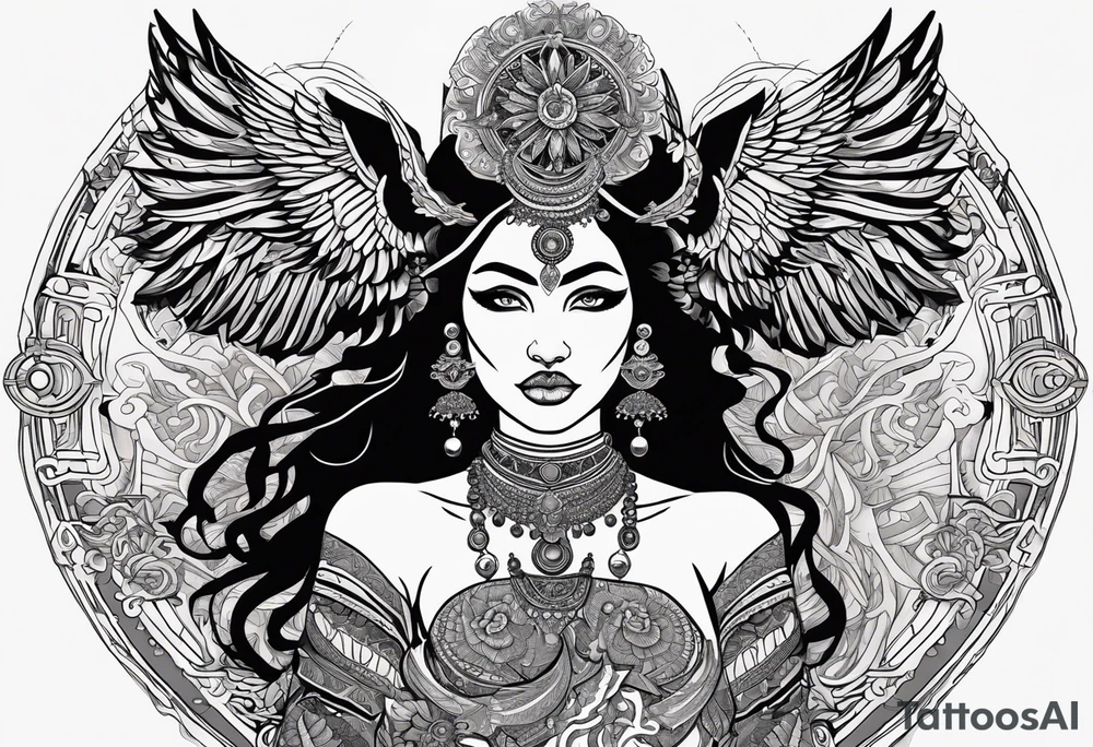 black kali, goddess pirate, alien, angel, pachamama, valkrye, warrior, flying, skull, lotus azul, wing, eagle, zenza resonance, stars, 5D, anahata chakra, death, durga, riding on a tiger, flying lady, kundalini, chest tatoo, rebel tattoo idea
