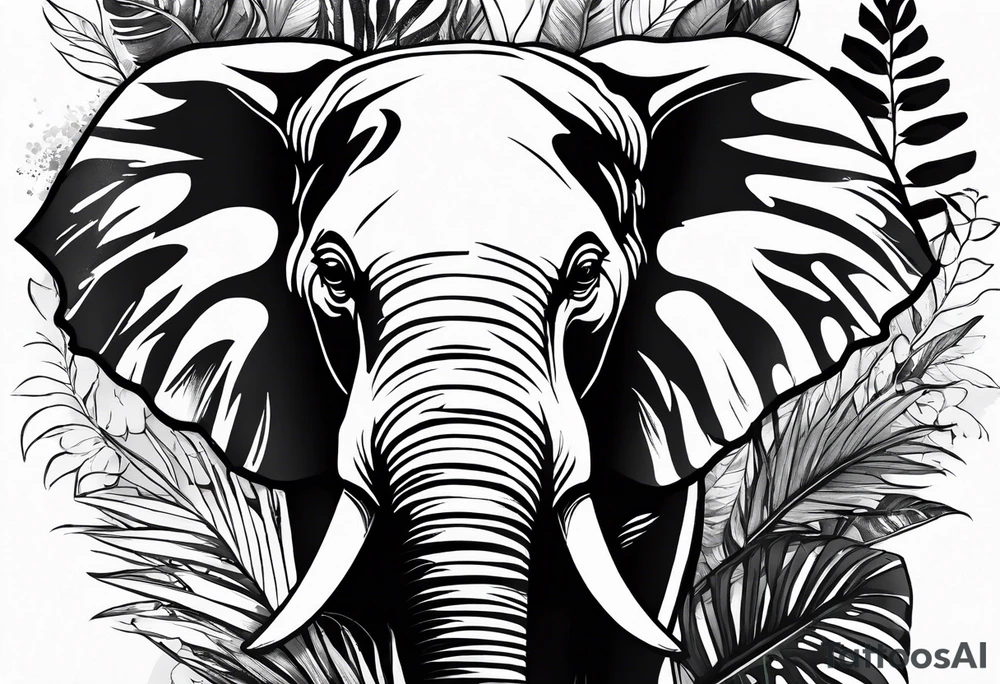 “A majestic elephant with its trunk raised, surrounded by tropical foliage, symbolizing memory and strength tattoo idea