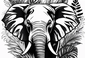 “A majestic elephant with its trunk raised, surrounded by tropical foliage, symbolizing memory and strength tattoo idea