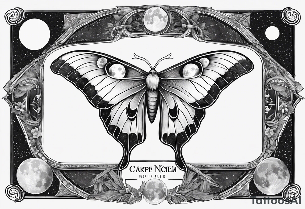 luna moth anatomically correct with all the phases of the moon arched under the moth, and the words "carpe noctem" above it in sans serif font tattoo idea