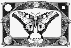 luna moth anatomically correct with all the phases of the moon arched under the moth, and the words "carpe noctem" above it in sans serif font tattoo idea