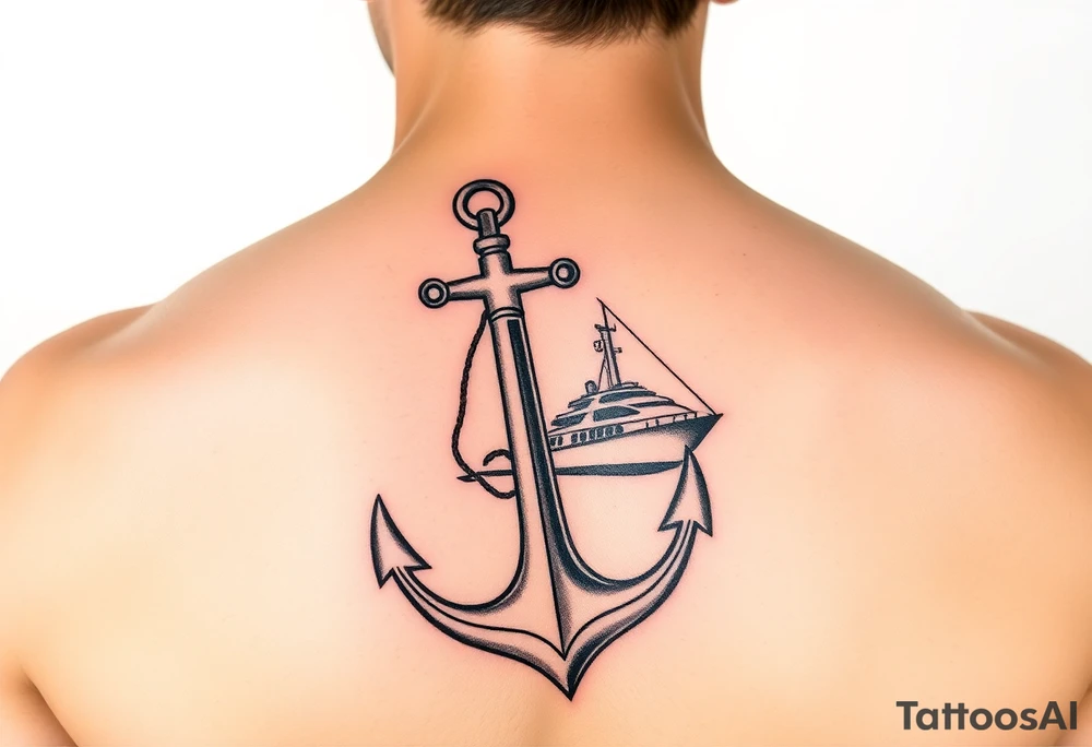 bold man with anchor and yacht
put on arm tattoo idea