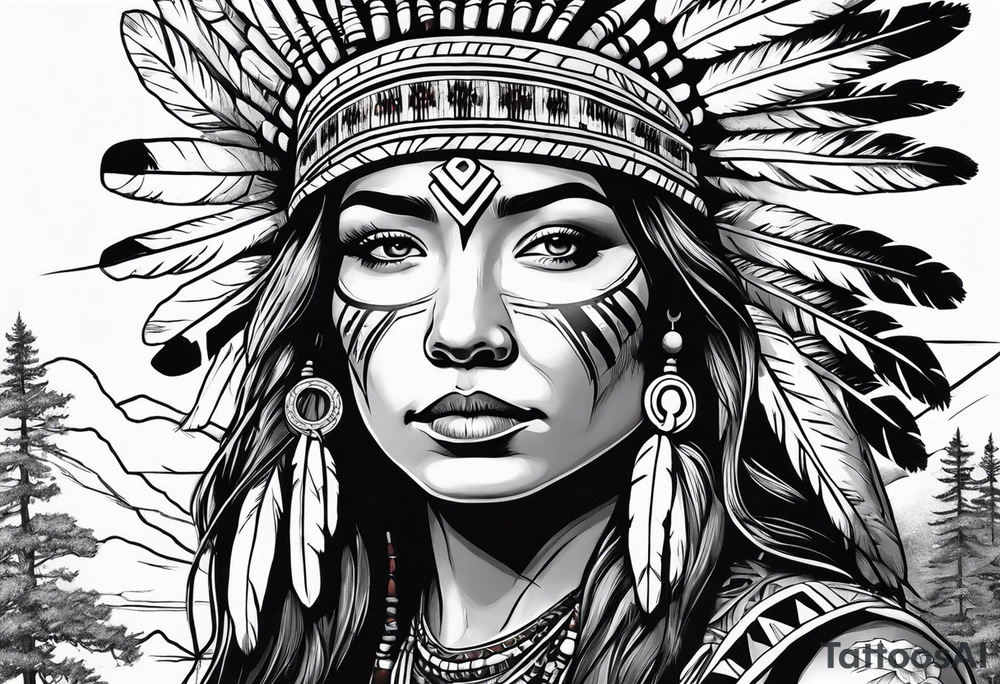 War bonnet Native American, cross nacklace with plants and nature behind her, half sleeve tattoo idea