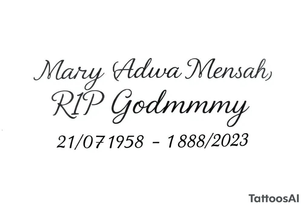 a message saying: Mary "Adwoa" Mensah, RIP Godmummy, 21/07/1958 - 28/07/2023 tattoo idea