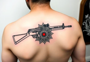 "Minimalist machine gun tattoo: Maxim 1910 outline flows into Tibetan mandala. Red dot sight is a tiny mirror. Black ink, geometric style, 10cm length. tattoo idea