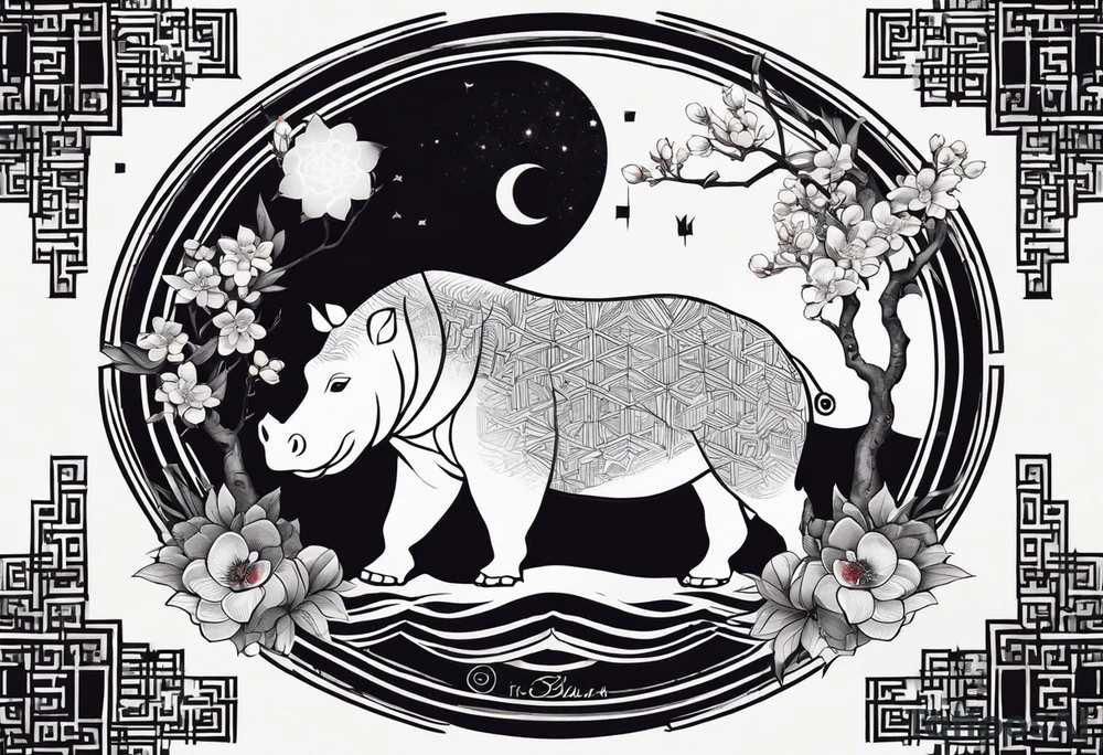 Very asymmetrical, +geometric pattern, with realistic full moon, with serious looking hippo, +zen feel, + Buddhism touch, +tribal, +geometric, +chinese inkart 
with wintersweet flower bud, +portrait orientation, +inkart touch, tattoo idea