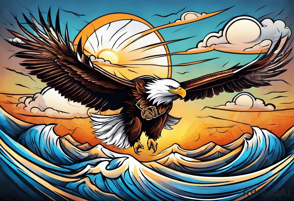 eagle gliding with sun in the back tattoo idea