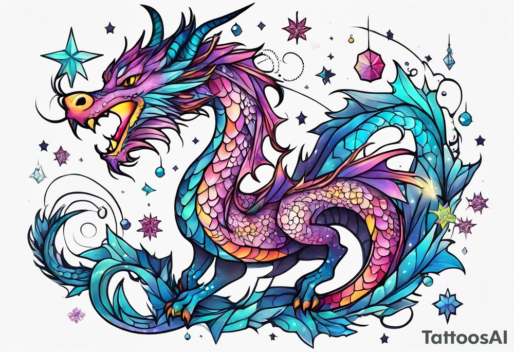 Constellation, kawaii dragon, snowflake tattoo idea