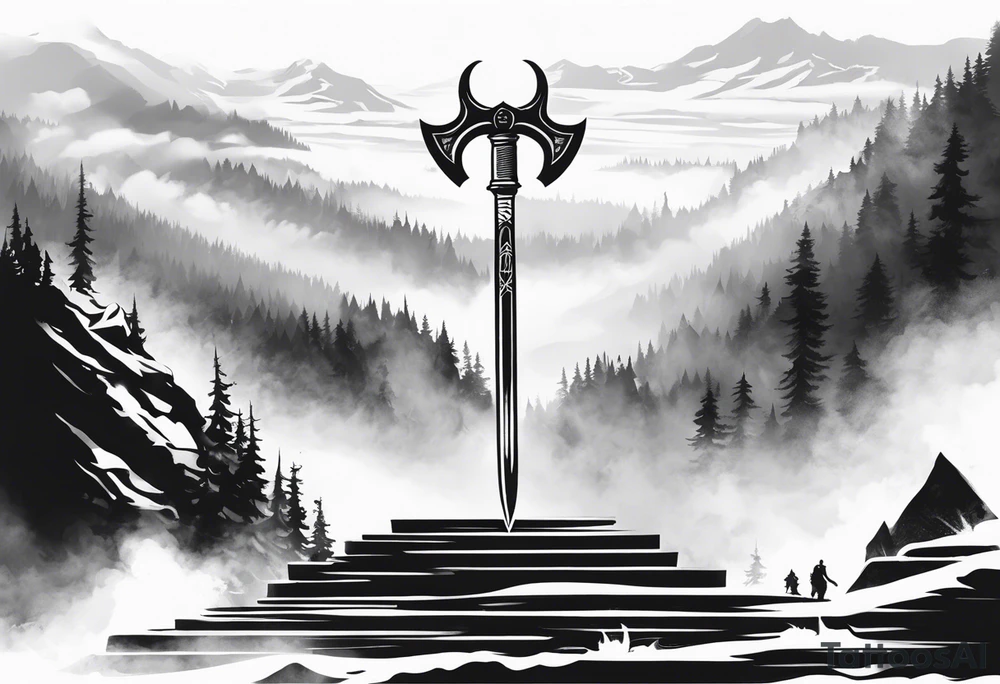 Valhalla 
 sword stairs axe mist fog tattoo idea