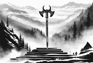 Valhalla 
 sword stairs axe mist fog tattoo idea