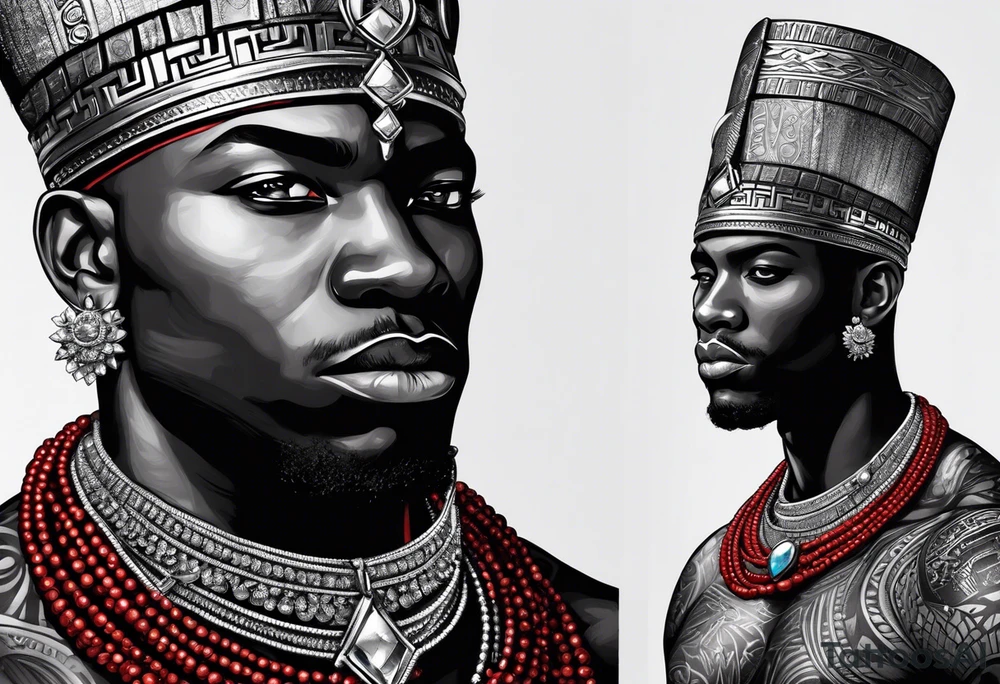 Black-skinned bald african warrior. He wears a simple and small silver crown. He uses two simple necklaces: one blue, other red. tattoo idea