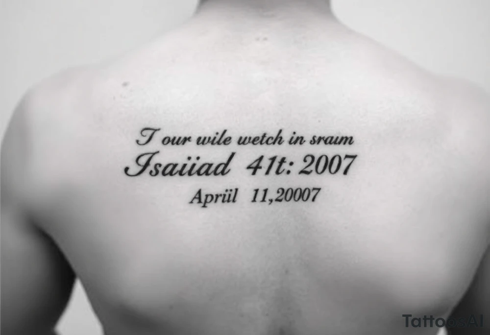 Forearm tattoo that has the Bible verse Isaiah 41:10 and has Roman numerals for April 15th 2007 tattoo idea