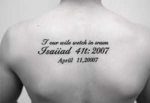 Forearm tattoo that has the Bible verse Isaiah 41:10 and has Roman numerals for April 15th 2007 tattoo idea