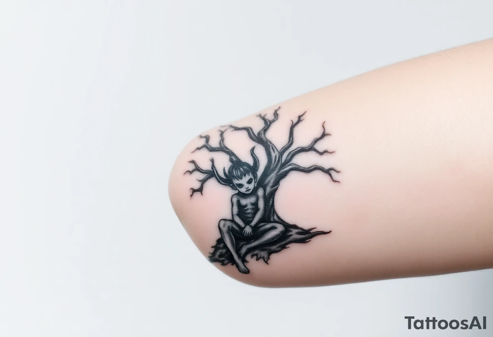 Gothic and demonic boy. sitting under a creepy tree tattoo idea
