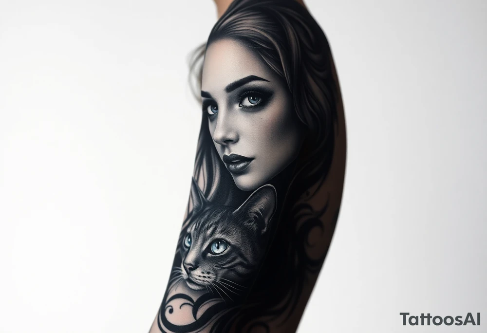 women face with cat gothic tattoo idea