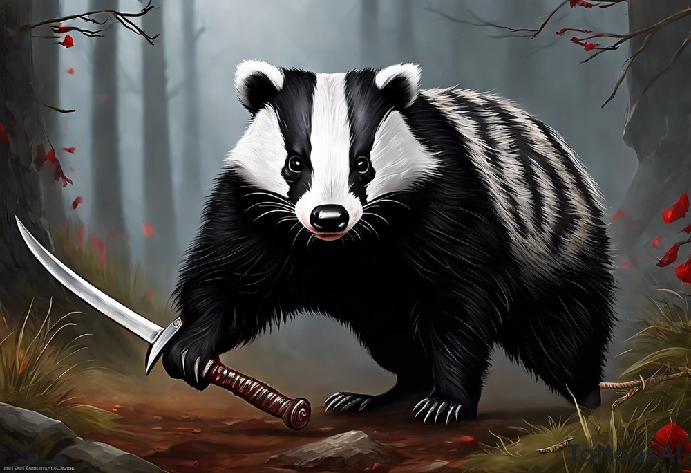 Draw me hunting badger with aggressive full body, killer face with a smile, very long nails and he attacks like a Turkish gladiator to enemy and also he has very deadly looking. The only weapon is his braveness he fights with his nails. Everybody scares after their first sight. And some bloody type Badger this is real Hunter. tattoo idea
