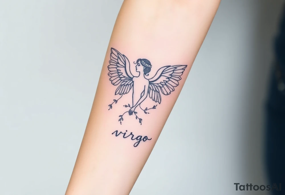 A divine woman with  wings made of delicate lace and vines, symbolizing Virgo’s purity and the word virgo tattoo idea