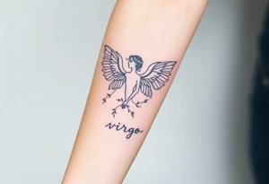 A divine woman with  wings made of delicate lace and vines, symbolizing Virgo’s purity and the word virgo tattoo idea