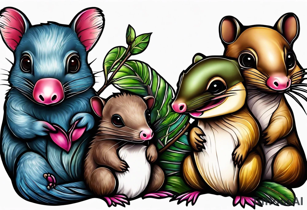 Australian Platypus, Echidna, Wombat & pygmy Sugar Glider in one image tattoo idea