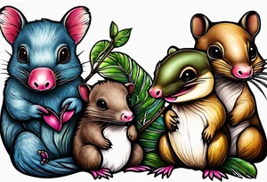 Australian Platypus, Echidna, Wombat & pygmy Sugar Glider in one image tattoo idea