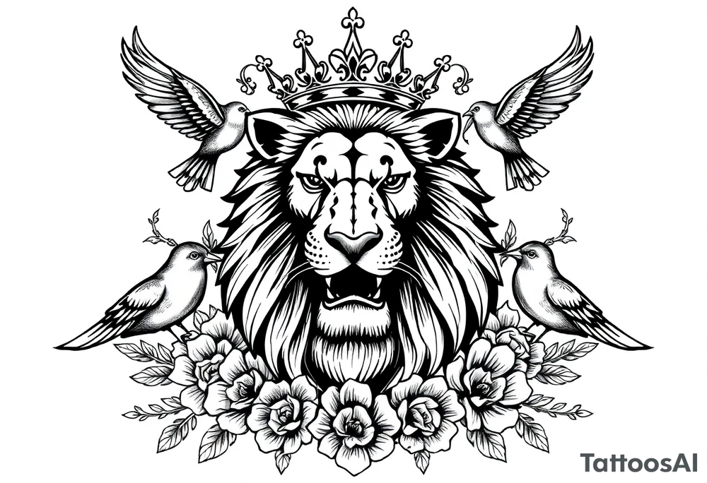 powerful majestic lion with a crown, surrounded by floral ornaments and birds tattoo idea